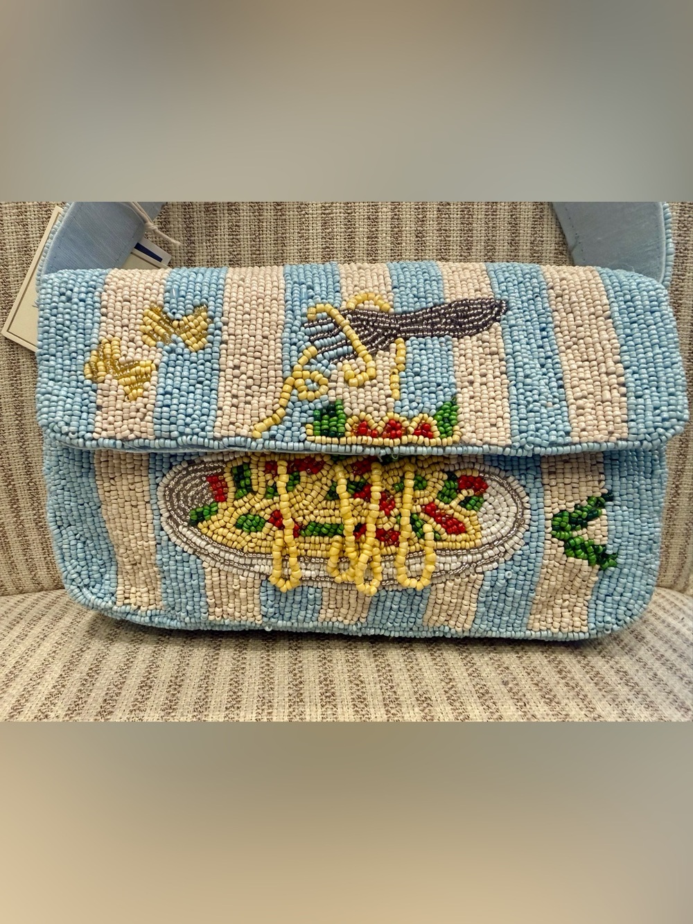 New Release Sol & Mer Beaded Bag  Pasta Bowl & Fork in Light Blue and Cream